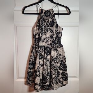 Bebe Cream And Black Lace Overlay Fit And Flare Halter Mini Formal Dress 00
